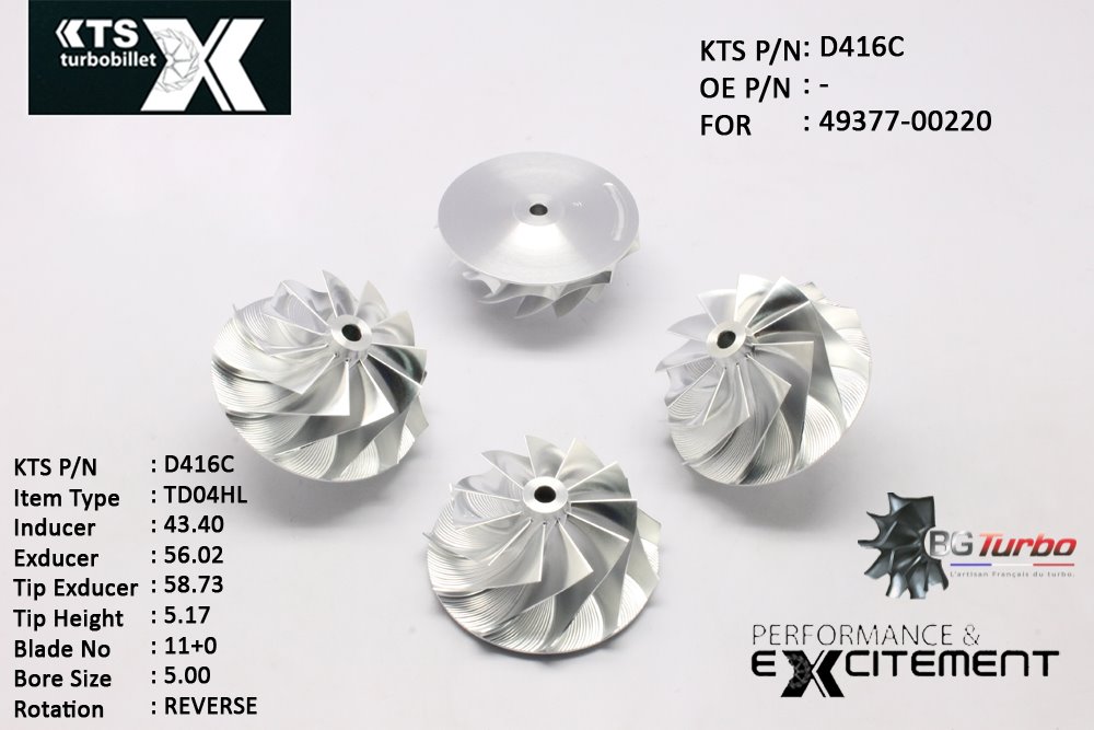 Turbo ROUE FORGÉE MFS PERFORMANCE - 11+0 PALES - INDUCER : 43,4 - EXDUCER : 56,02 - TYPE : TD04HLANGLE : 55° - ROTATION : Reverse - SUPER BACK : 1,83 - BORE SIZE : 5
